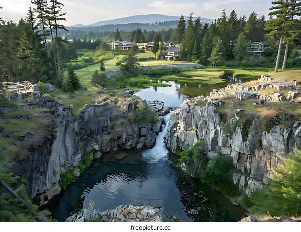 Scenic Waterfall View Near a Golf Course