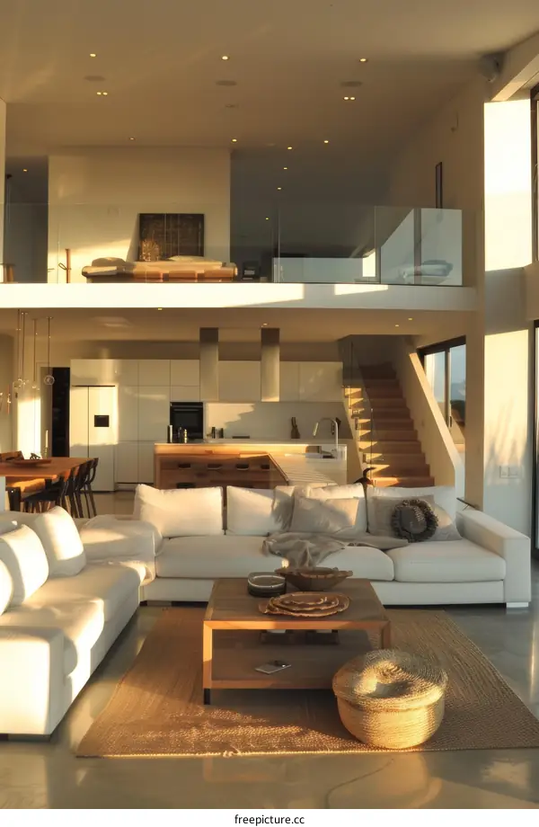 Modern Open-Plan Living Space with Balcony and Stairs