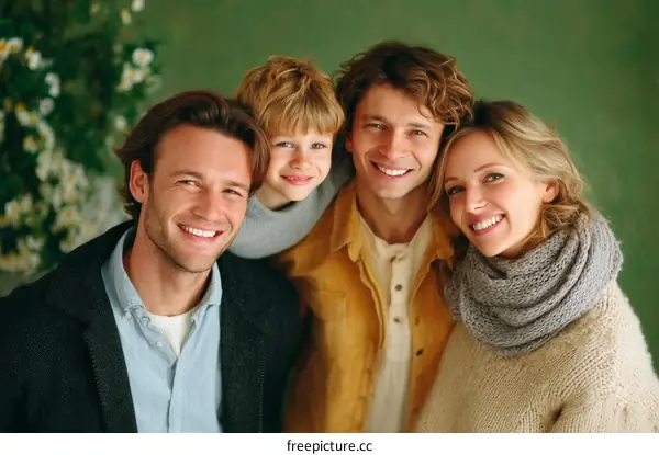 Happy Family Portrait Against Green Background