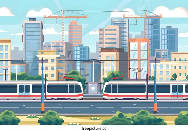 Modern City with Train and Construction Cranes