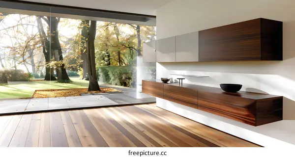 Modern Wooden Cabinetry and Glass Doors with a View of Nature
