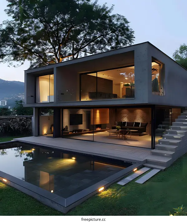 Modern Minimalist House with Swimming Pool and Large Windows