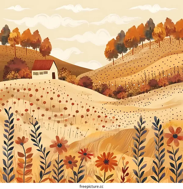 Autumn Landscape Illustration with Cottage and Trees