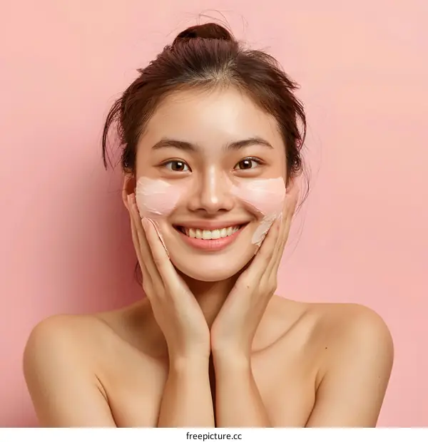 Happy Asian Woman Applying Facial Mask on Pink Background