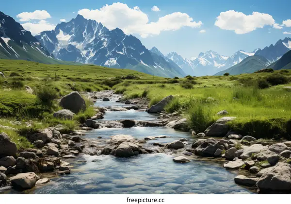 Mountain stream in a valley with snow-capped mountains in the distance