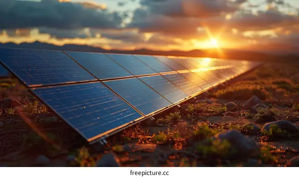 A large solar farm in the middle of a desert at sunset
