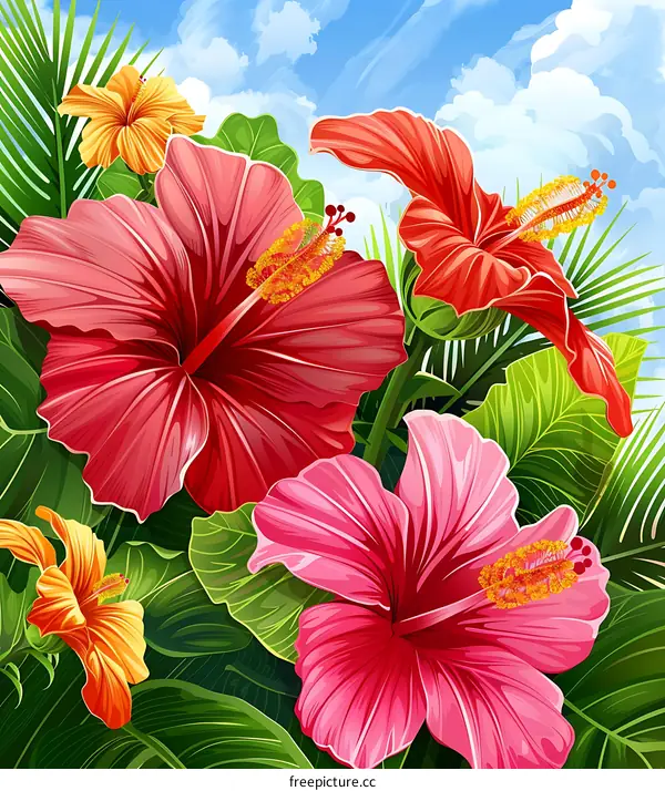Tropical Flower Illustration With Pink Red And Orange Hibiscus Flowers