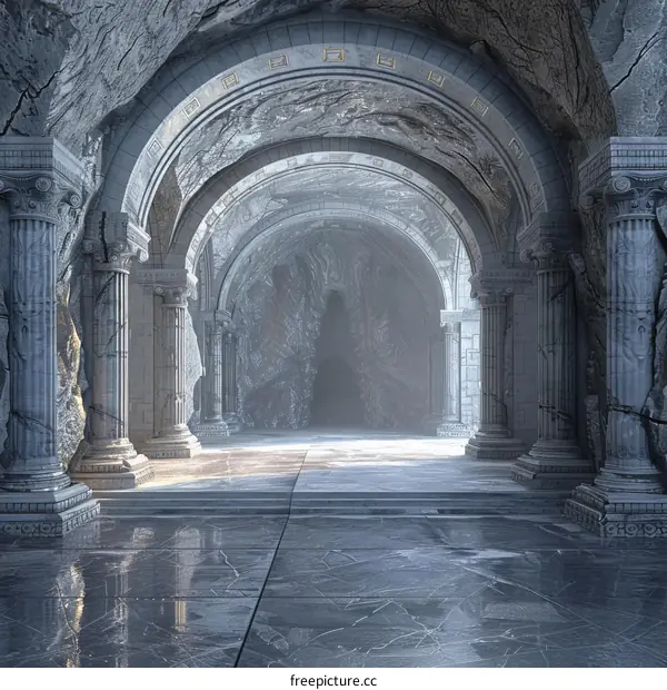 Mystical Temple with Marble Floor and Stone Statues