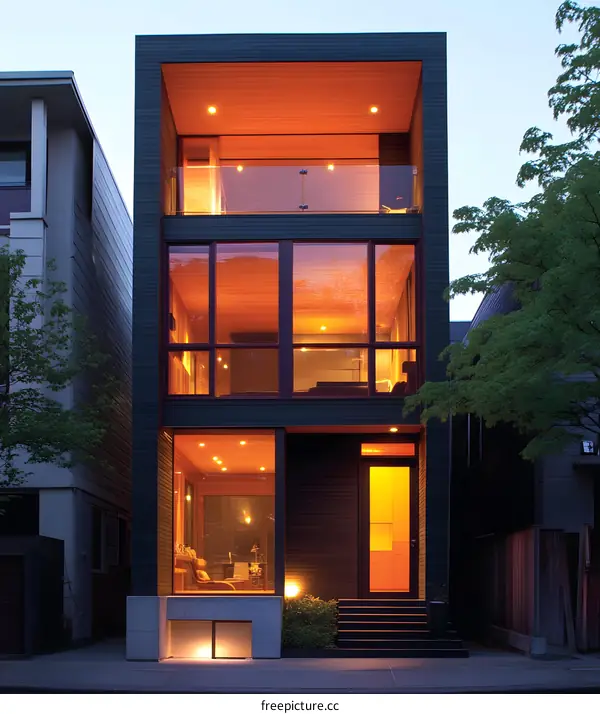 Modern Narrow House with Illuminated Windows and Glass Railings
