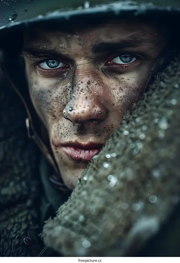 Portrait of a young soldier with blue eyes and a nose stud, wearing a military helmet and a wet jacket