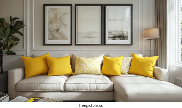 Modern Living Room Interior Design with Yellow Throw Pillows