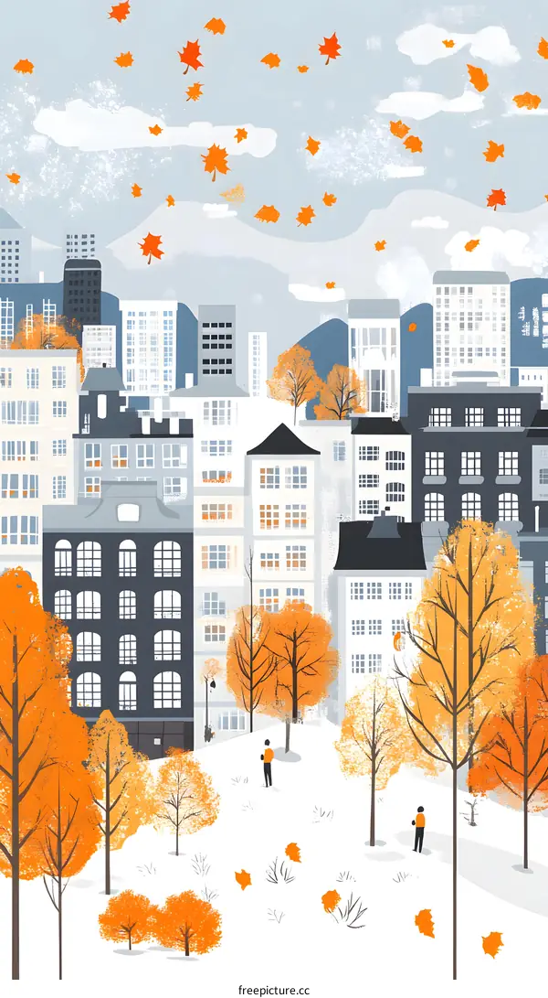 Autumn Cityscape with People in the Park