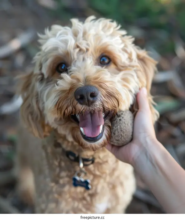 A blonde poodle-mix dog smiles with a toy in its mouth