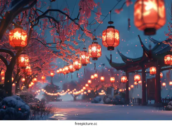 Snowy Streets Illuminated by Red Lanterns