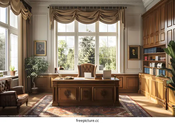 Luxurious home office interior with a large desk, leather chair, oriental rug and windows overlooking a lush green landscape.