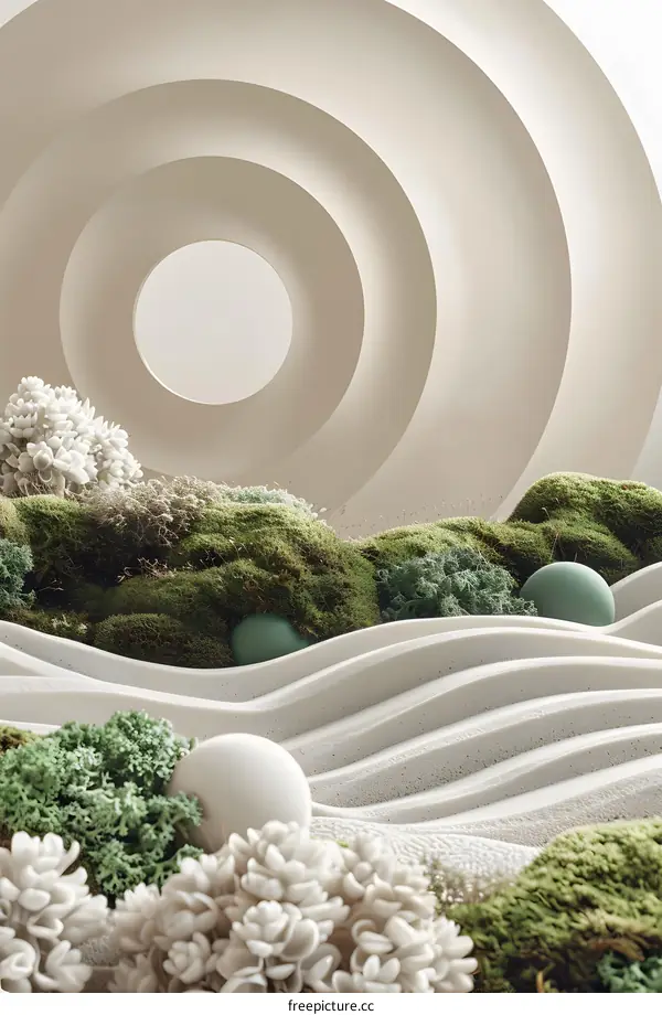 Abstract Minimalist 3D Illustration with Green Moss and White Sand