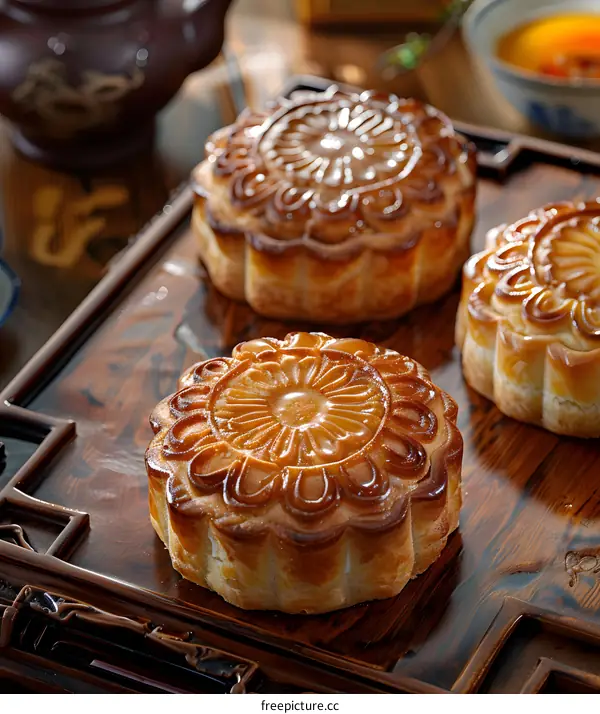 Closeup of Three Traditional Chinese Mooncakes on a Wooden Tray