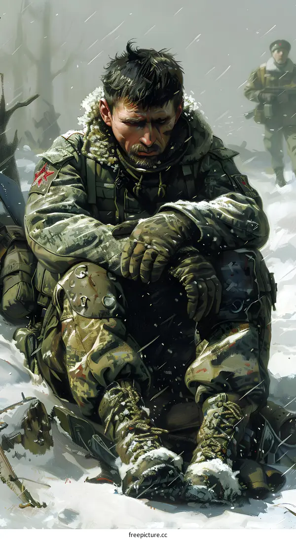 A soldier sits on the snowy ground, his head in his hands