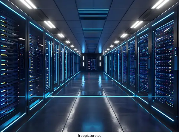 Modern Data Center Server Room with Blue Lights