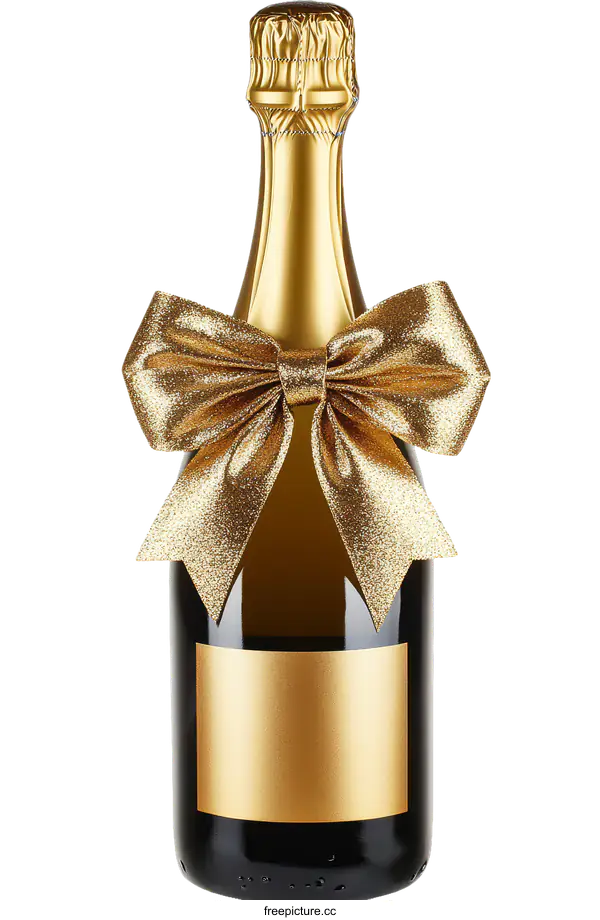 [Transparent Background PNG]Gold Champagne Bottle with Elegant Ribbon