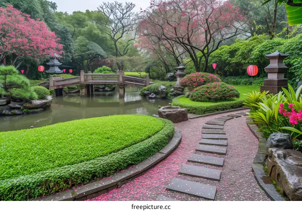 A beautiful Japanese garden with a pond, bridge, and cherry blossom trees