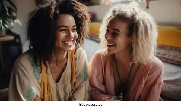 Two young multiracial women laughing together