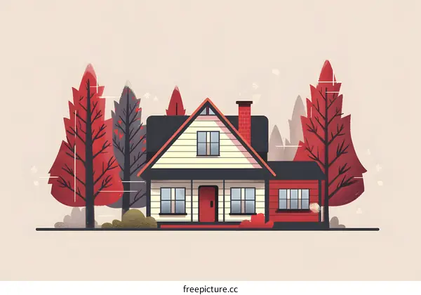 Cozy Winter Cabin Home With Trees And Snowflakes