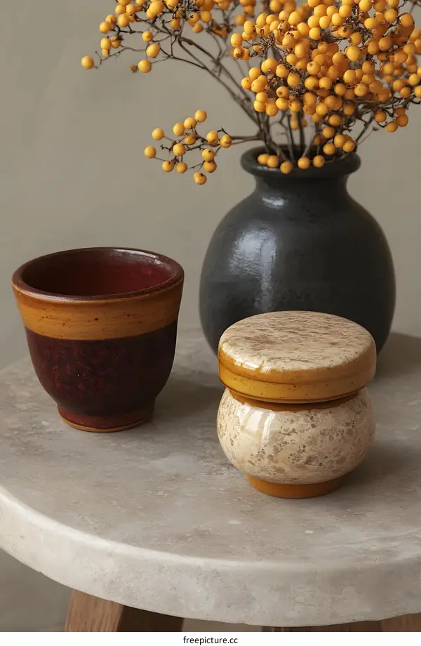 Ceramic Pots and Vase with Yellow Berries