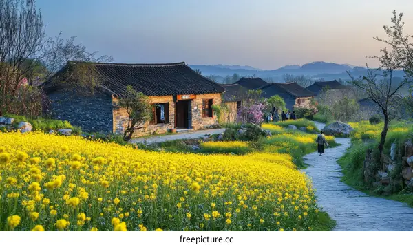 Rural Chinese Village in a Blooming Mustard Field