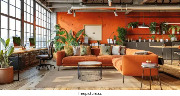 A modern office with orange walls and a lot of plants