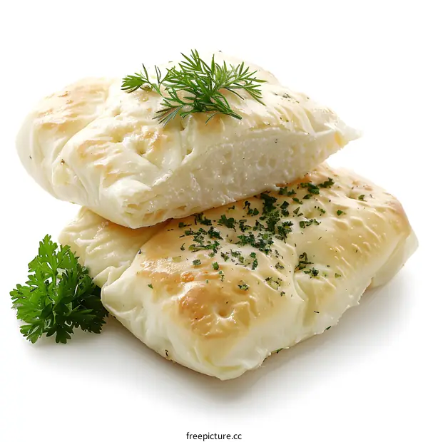 Two Pieces of Garlic Naan Bread on White