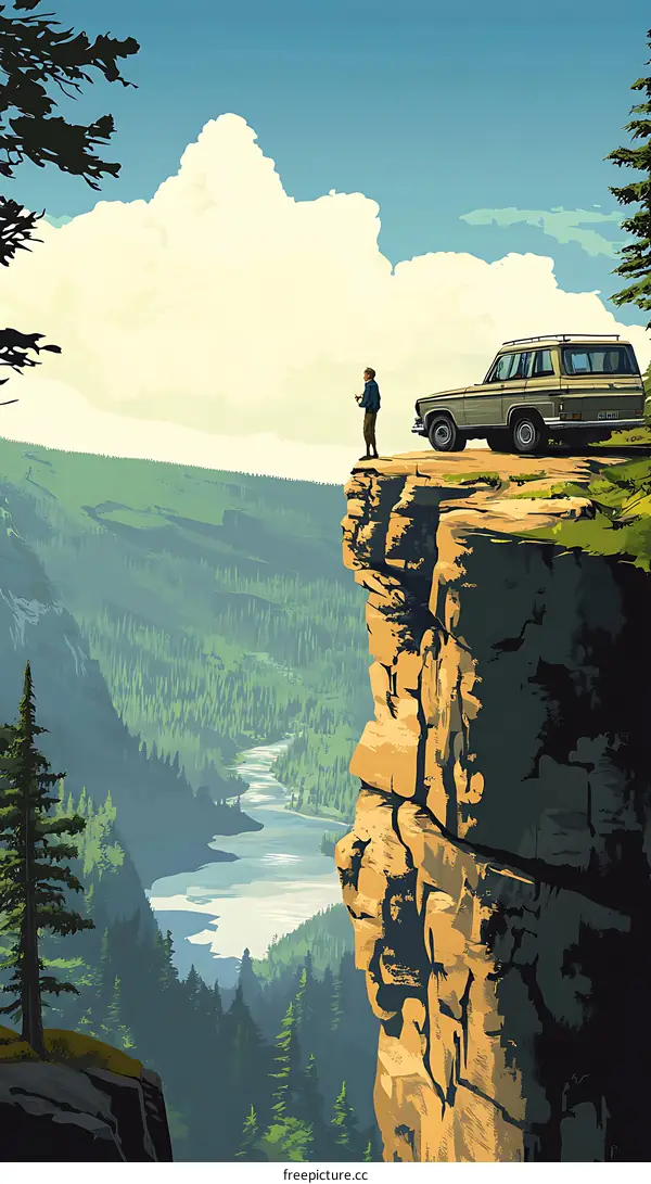 Man Standing on Cliff Edge Overlooking Valley with Car