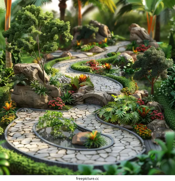 A Lush Tropical Oasis with Tranquil Stone Path
