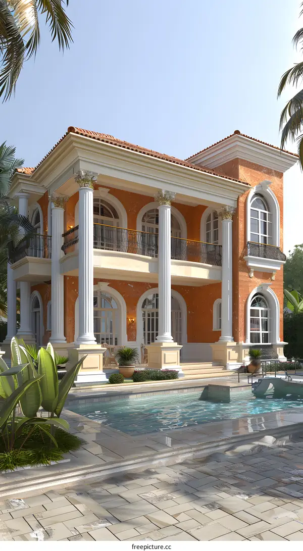 A beautiful mansion with a swimming pool and palm trees