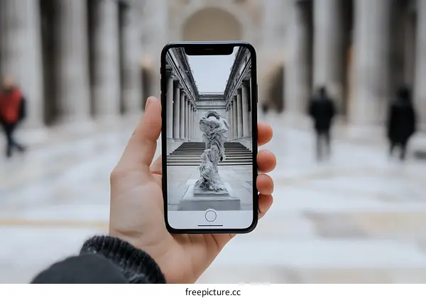 Holding A Phone Taking Picture Of A Sculpture In Front Of A Classic Architecture