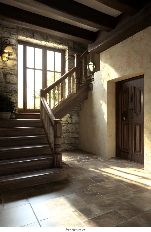 Wooden Staircase With Stone Wall And Wood Floor In Rustic Style Interior Design