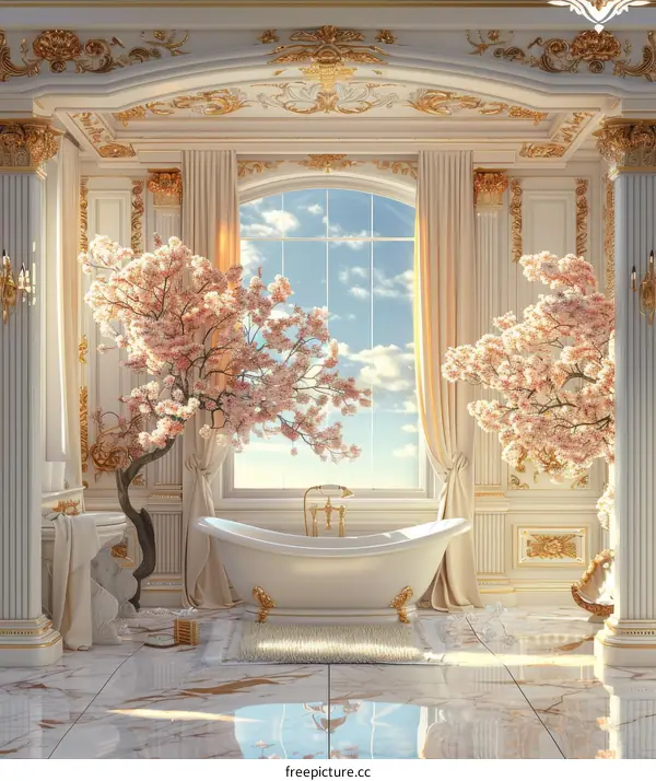Luxury Elegant Palace Bathroom with Cherry Blossom Trees