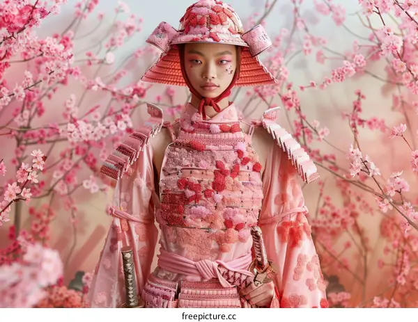 Pink Samurai Armor Woman in Cherry Blossom Field