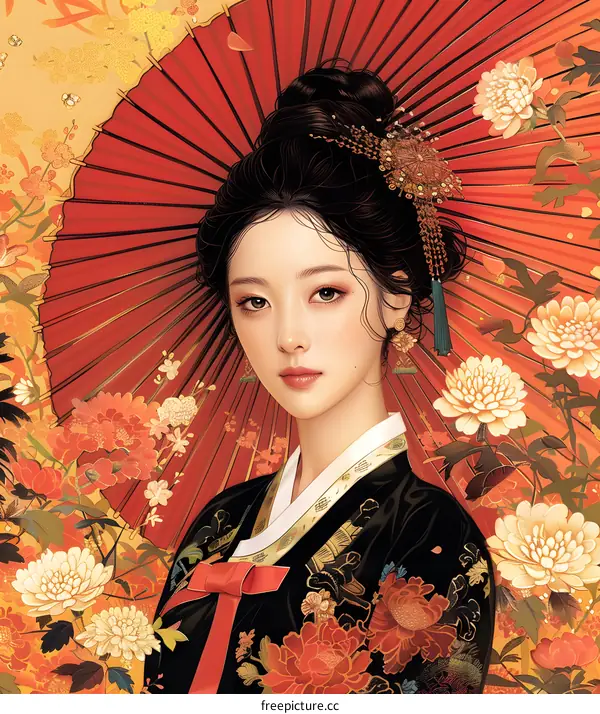 Elegant Asian Woman in Traditional Hanbok with Red Umbrella and Flowers
