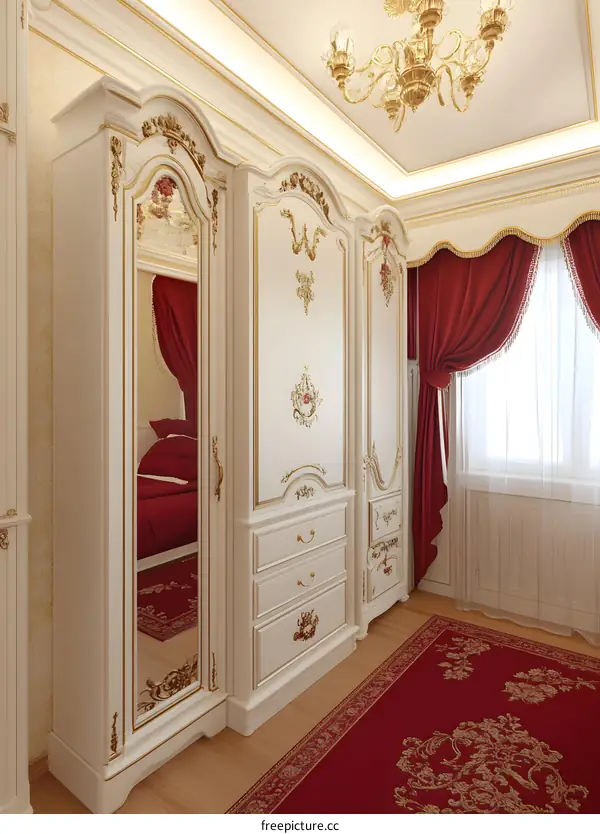 White Closet with Gold Details and Red Rug