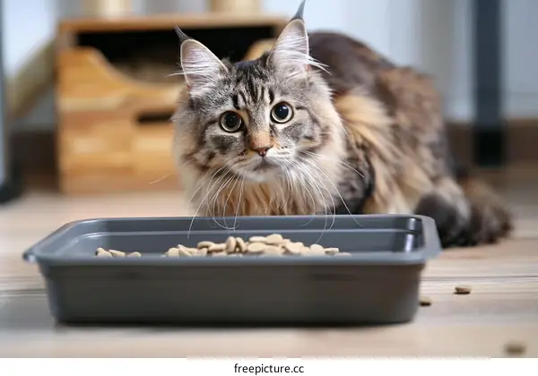 A fluffy cat is looking at a bowl of dry food
