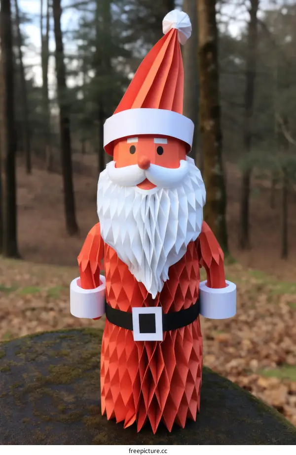 A 3D illustration of Santa Claus made of red and white paper