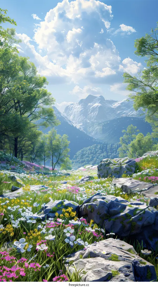 Alpine Meadow Awash in Color with Towering Snowy Peaks