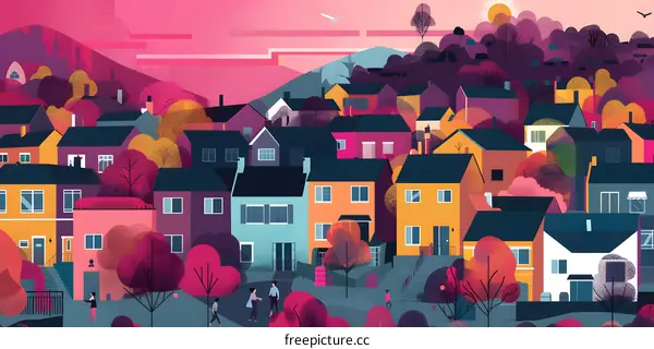 Colorful Houses and People in a Suburban Landscape