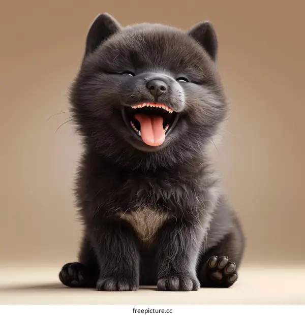 A cute black puppy is sitting on the ground and smiling.