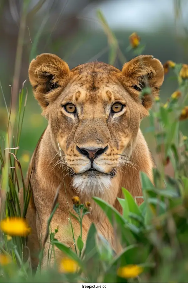 Close-up portrait of a lioness in the middle of yellow flowers and green grass
