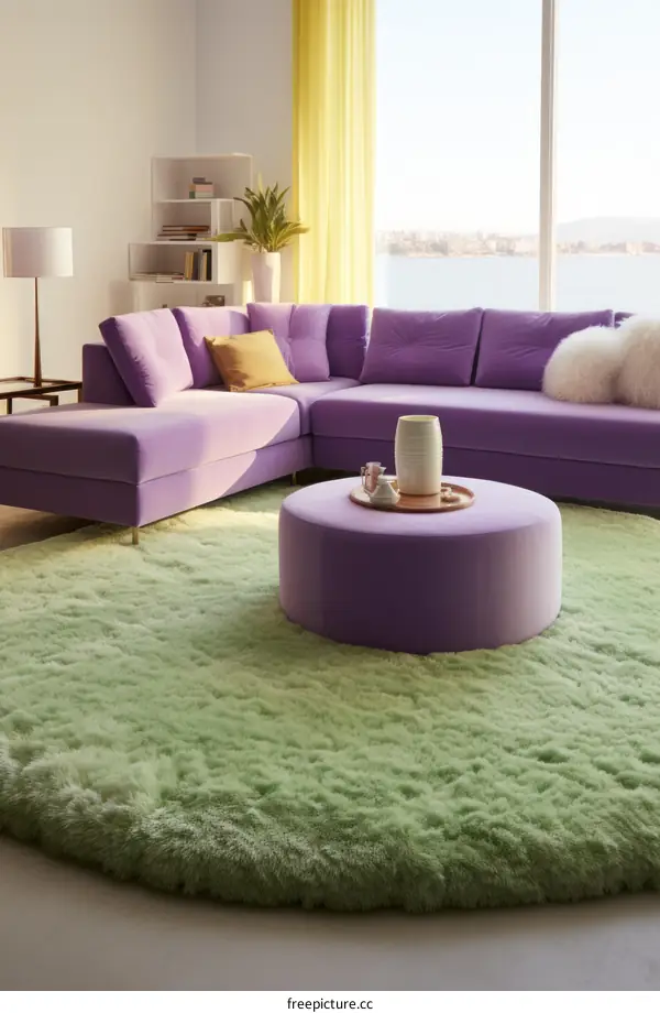 A purple sectional sofa in a living room with a green shag rug