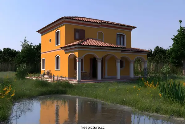 Yellow House with Arched Porch and Pond