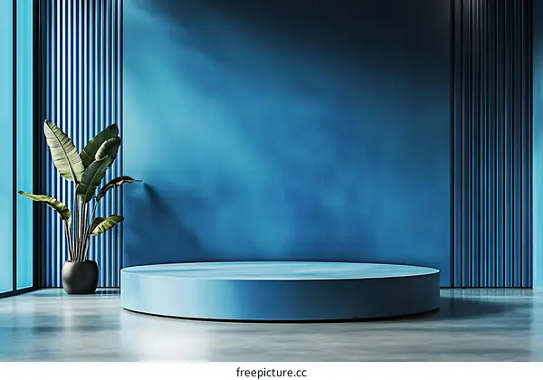 Modern Minimalist Blue Room Scene with a Round Platform