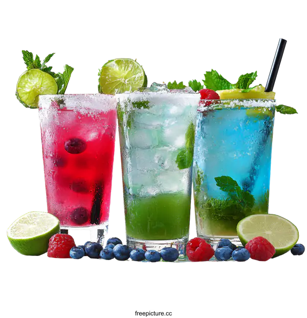 [Transparent Background PNG]Colorful Refreshing Cocktails with Fresh Berries and Citrus